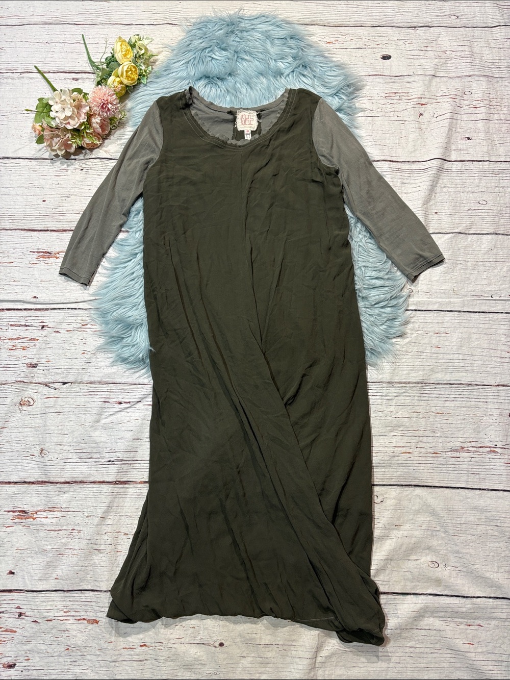H+ Hannoh Wessel Lagenlook Green Draped 3/4 Sleeve Midi Dress sz 38